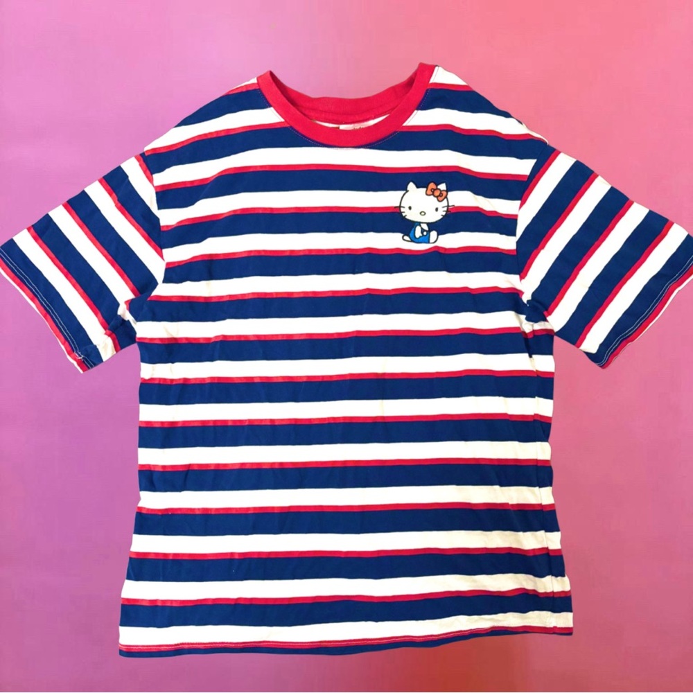 Hello Kitty Striped Red, Blue, White T-Shirt - Size Medium